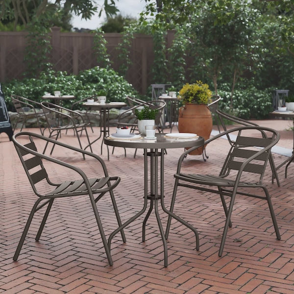 Flash Furniture Lila 23.75in Round Glass Top Metal Table with 2 Bronze Aluminum Slat Stack Chairs TLH-071RD-017CBZ2-GG - main